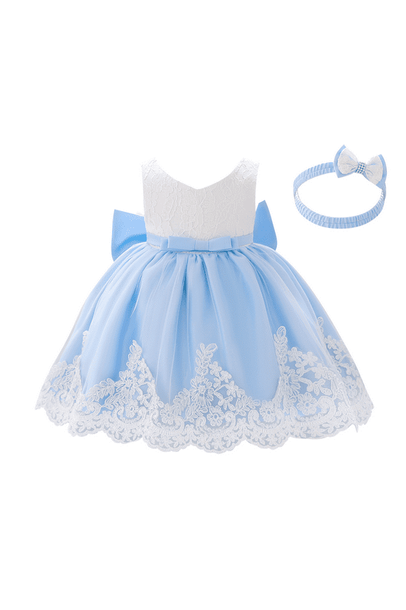 Baby Girls Formal Dress Lace Bowknot Baptism Embroidery Princess Birthday Wedding Flower Tutu Gown with Headwear 6-9 Months Blue