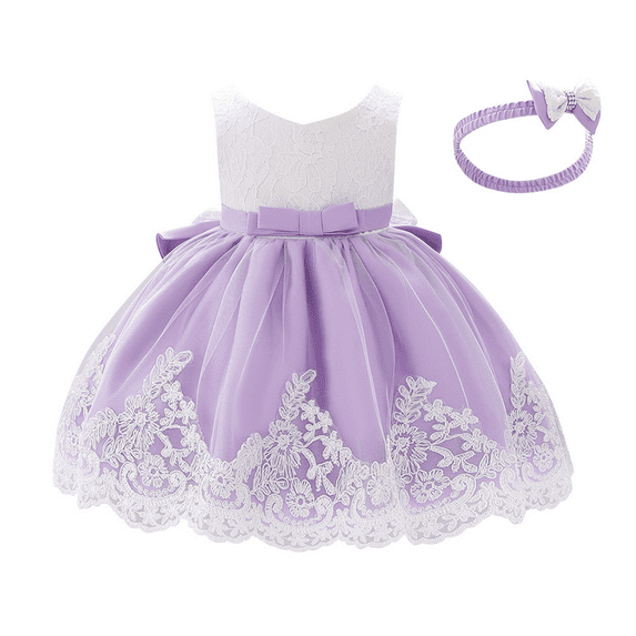 IBTOM CASTLE Baby Girls Formal Dress Lace Bowknot Baptism Embroidery Princess Birthday Wedding Flower Tutu Gown with Headwear 6-9 Months Purple