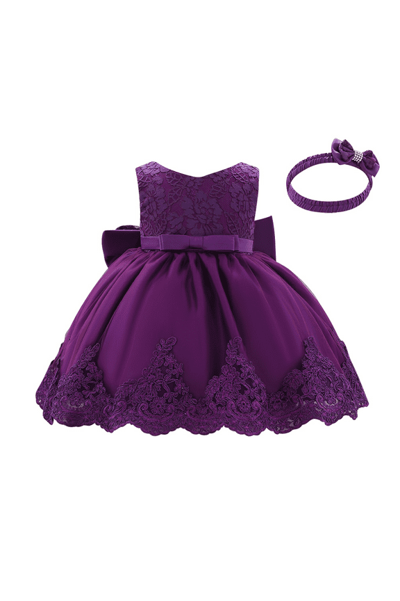 Baby Girls Formal Dress Lace Bowknot Baptism Embroidery Princess Birthday Wedding Flower Tutu Gown with Headwear 9-12 Months Dark Purple