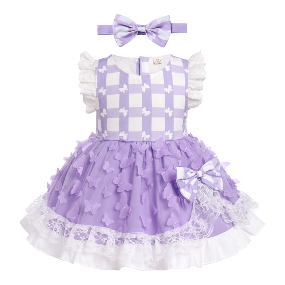 IBTOM CASTLE Baby Girls Gingham Tutu Dress Sequin Strawberry Cow Print Butterfly Princess Birthday Party Dresses with Headband 2PCS Outfit 12-18 Months Purple - Butterfly