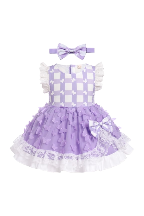 Baby Girls Gingham Tutu Dress Sequin Strawberry Cow Print Butterfly Princess Birthday Party Dresses with Headband 2PCS Outfit 12-18 Months Purple - Butterfly