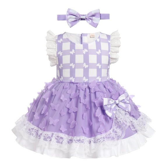IBTOM CASTLE Baby Girls Gingham Tutu Dress Sequin Strawberry Cow Print Butterfly Princess Birthday Party Dresses with Headband 2PCS Outfit 12-18 Months Purple - Butterfly