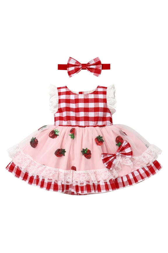 Baby Girls Gingham Tutu Dress Sequin Strawberry Cow Print Butterfly Princess Birthday Party Dresses with Headband 2PCS Outfit 18-24 Months Red - Strawberry