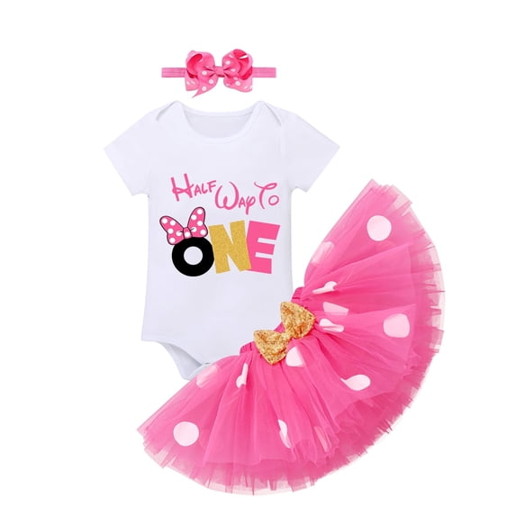 IBTOM CASTLE Baby Girls Half Birthday Outfit Polka Dots Half Way to One Romper Tutu Skirt Headband Cake Smash Clothes for Photo Shoot 6 Months Hot Pink