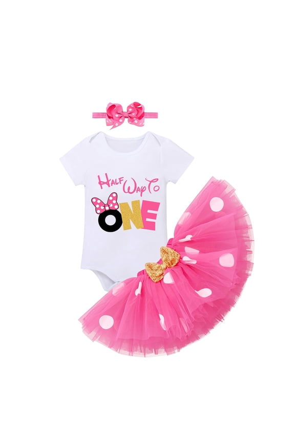 Baby Girls Half Birthday Outfit Polka Dots Half Way to One Romper Tutu Skirt Headband Cake Smash Clothes for Photo Shoot 6 Months Hot Pink