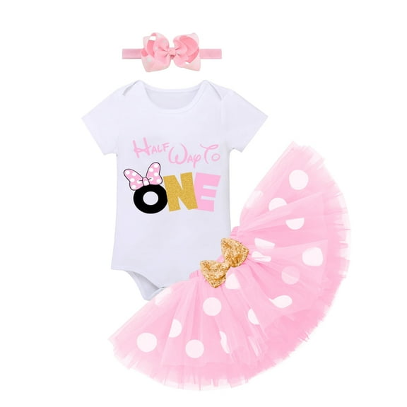 IBTOM CASTLE Baby Girls Half Birthday Outfit Polka Dots Half Way to One Romper Tutu Skirt Headband Cake Smash Clothes for Photo Shoot 6 Months Pink