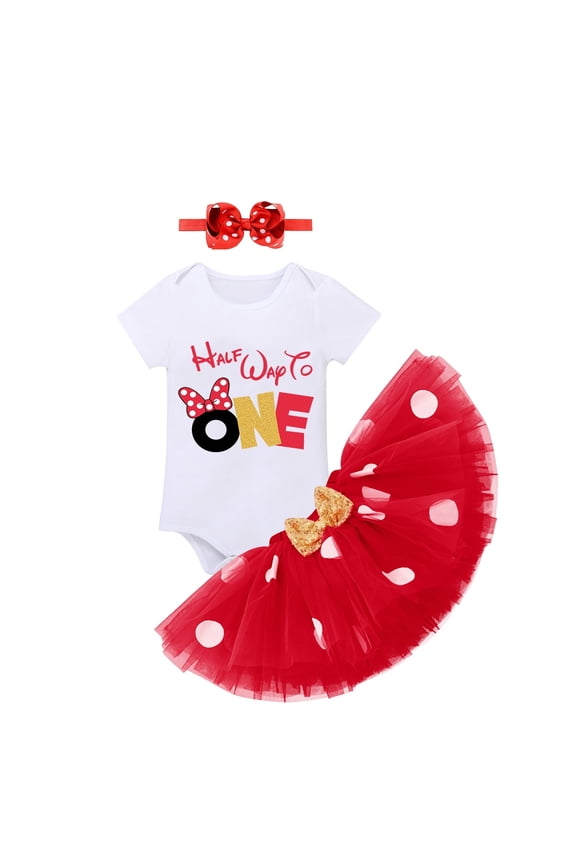 Baby Girls Half Birthday Outfit Polka Dots Half Way to One Romper Tutu Skirt Headband Cake Smash Clothes for Photo Shoot 6 Months Red