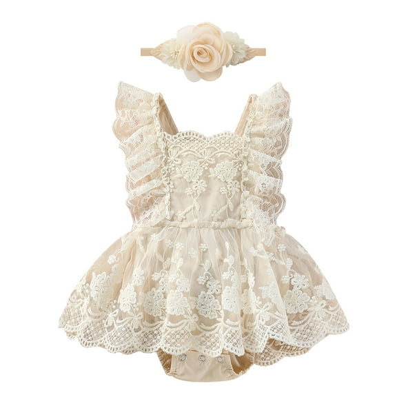 IBTOM CASTLE Baby Girls Lace Bodysuit Boho Clothes 1st Birthday Cake Smash Outfit Newborn Photography Outfits Summer Sunsuit 0-3 Months Apricot Lace