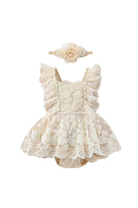 Baby Girls Lace Bodysuit Boho Clothes 1st Birthday Cake Smash Outfit Newborn Photography Outfits Summer Sunsuit 0-3 Months Apricot Lace