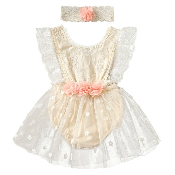 IBTOM CASTLE Baby Girls Lace Bodysuit Boho Clothes 1st Birthday Cake Smash Outfit Newborn Photography Outfits Summer Sunsuit 0-6 Months Apricot Flower