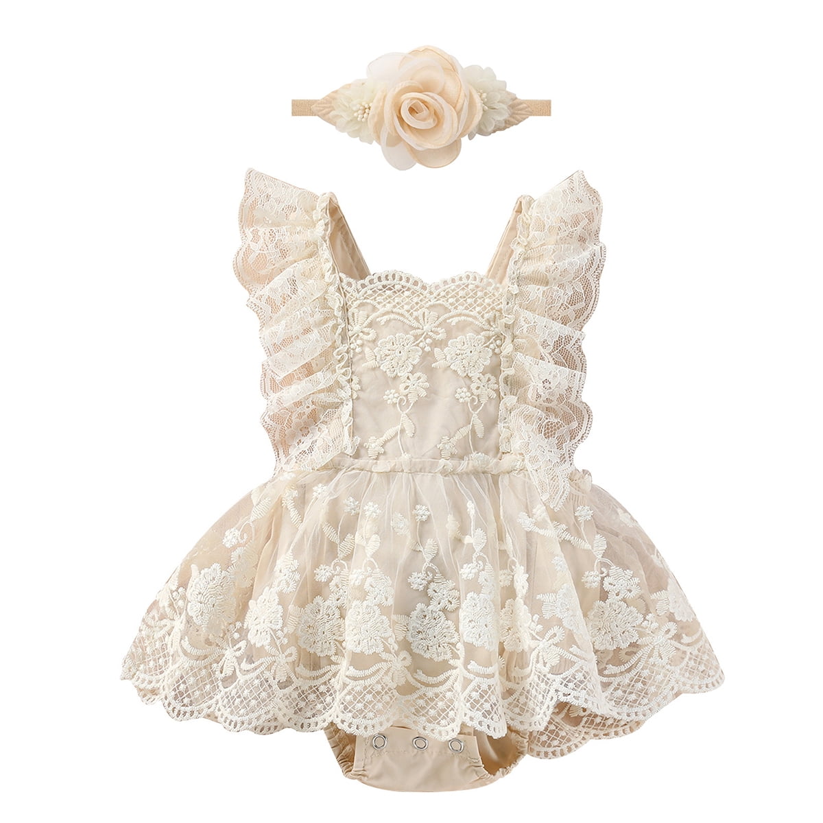 IBTOM CASTLE Baby Girls Lace Bodysuit Boho Clothes 1st Birthday Cake Smash Outfit Newborn Photography Outfits Summer Sunsuit 12-18 Months Apricot Lace
