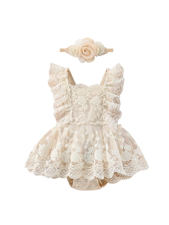 Baby Girls Lace Bodysuit Boho Clothes 1st Birthday Cake Smash Outfit Newborn Photography Outfits Summer Sunsuit 3-6 Months Apricot Lace