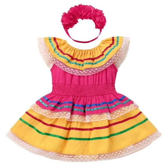 IBTOM CASTLE Baby Girls Mexican Fiesta 1st Birthday Outfit Romper Dress with Flower Headband Summer Cake Smash Photo Shoot 12-18 Months Yellow
