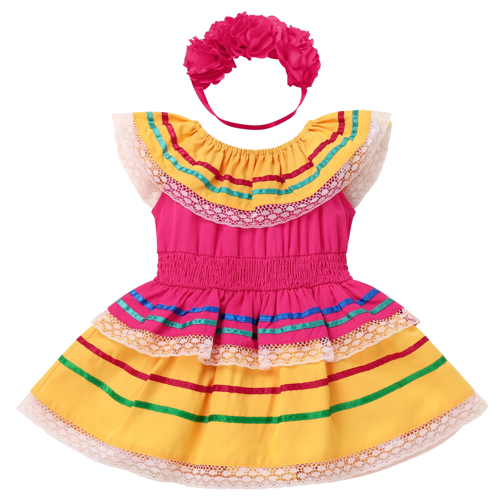 IBTOM CASTLE Baby Girls Mexican Fiesta 1st Birthday Outfit Romper Dress with Flower Headband Summer Cake Smash Photo Shoot 3-6 Months Yellow