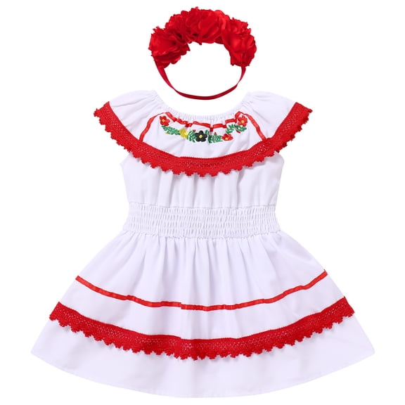 IBTOM CASTLE Baby Girls Mexican Fiesta 1st Birthday Outfit Romper Dress with Flower Headband Summer Cake Smash Photo Shoot 6-9 Months Red