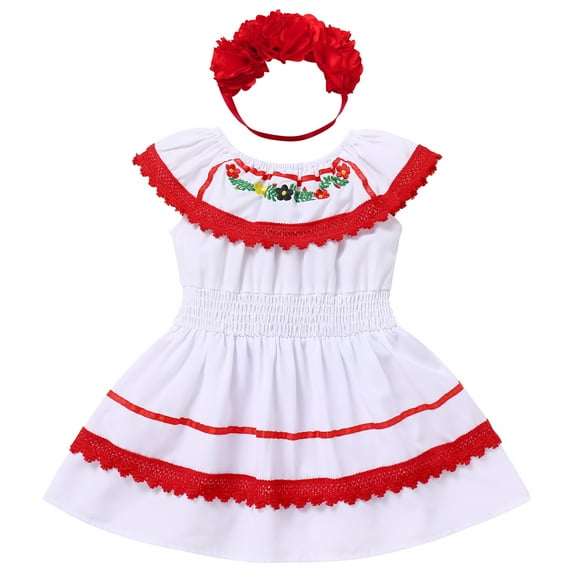 IBTOM CASTLE Baby Girls Mexican Fiesta 1st Birthday Outfit Romper Dress with Flower Headband Summer Cake Smash Photo Shoot 9-12 Months Red