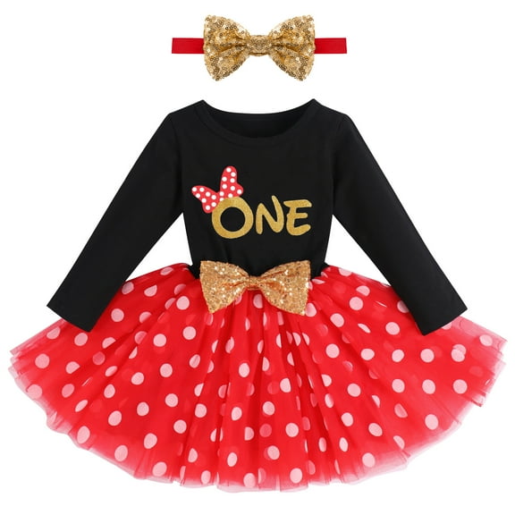 IBTOM CASTLE Baby Girls My 1st 2nd 3rd Birthday Polka Dots Dress with Headband Long Sleeve Sequin Princess Tutu Cake Smash One Party Gown 1 Year Black Red Dots