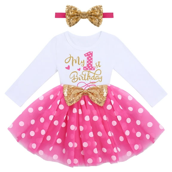 IBTOM CASTLE Baby Girls My 1st 2nd 3rd Birthday Polka Dots Dress with Headband Long Sleeve Sequin Princess Tutu Cake Smash One Party Gown 1 Year Hot Pink Dots