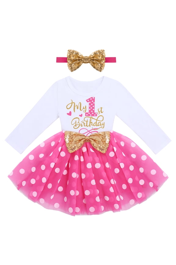 Baby Girls My 1st 2nd 3rd Birthday Polka Dots Dress with Headband Long Sleeve Sequin Princess Tutu Cake Smash One Party Gown 1 Year Hot Pink Dots