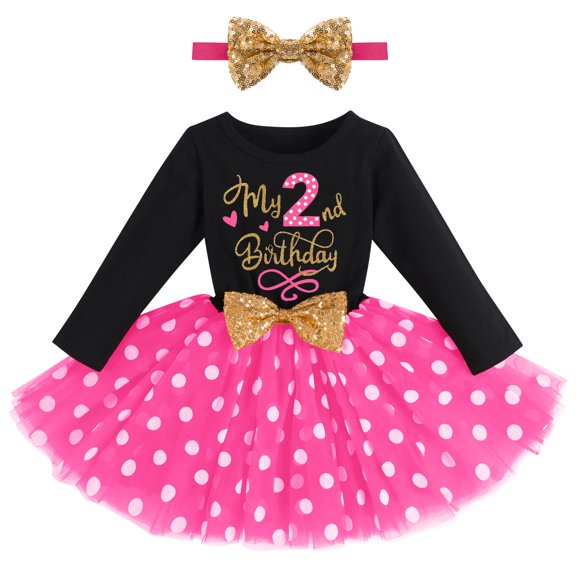 IBTOM CASTLE Baby Girls My 1st 2nd 3rd Birthday Polka Dots Dress with Headband Long Sleeve Sequin Princess Tutu Cake Smash One Party Gown 2 Years Black Hot Pink