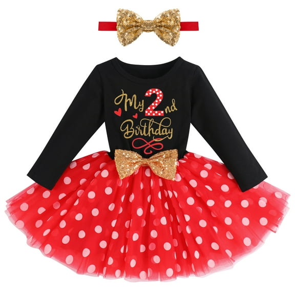 IBTOM CASTLE Baby Girls My 1st 2nd 3rd Birthday Polka Dots Dress with Headband Long Sleeve Sequin Princess Tutu Cake Smash One Party Gown 2 Years Black Red