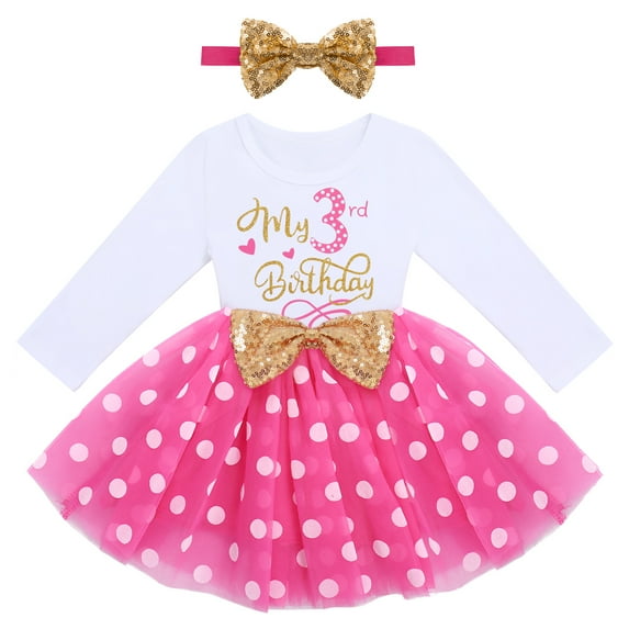 IBTOM CASTLE Baby Girls My 1st 2nd 3rd Birthday Polka Dots Dress with Headband Long Sleeve Sequin Princess Tutu Cake Smash One Party Gown 3 Years Hot Pink Dots
