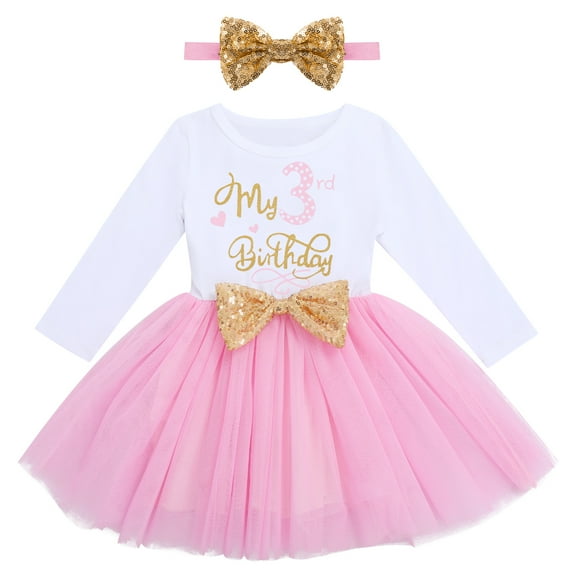 IBTOM CASTLE Baby Girls My 1st 2nd 3rd Birthday Polka Dots Dress with Headband Long Sleeve Sequin Princess Tutu Cake Smash One Party Gown 3 Years Pink