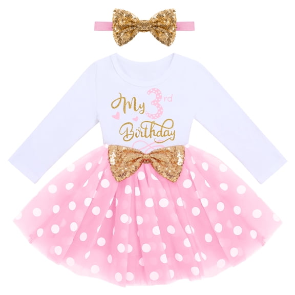 IBTOM CASTLE Baby Girls My 1st 2nd 3rd Birthday Polka Dots Dress with Headband Long Sleeve Sequin Princess Tutu Cake Smash One Party Gown 3 Years Pink Dots