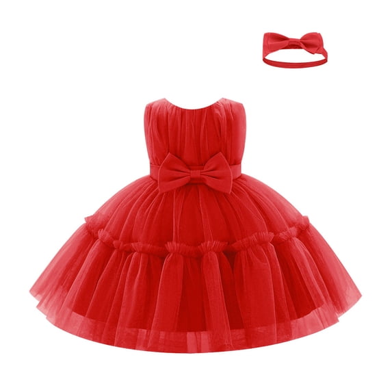 IBTOM CASTLE Baby Girls Ruffle Layered Tulle Tutu Dress, Bowknot V Back Birthday Party Pageant Formal Infant Gown with Headband 2T Red