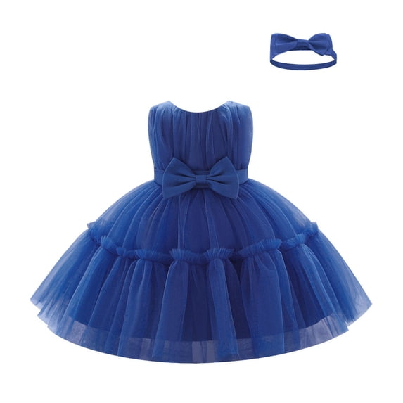 IBTOM CASTLE Baby Girls Ruffle Layered Tulle Tutu Dress, Bowknot V Back Birthday Party Pageant Formal Infant Gown with Headband Blue