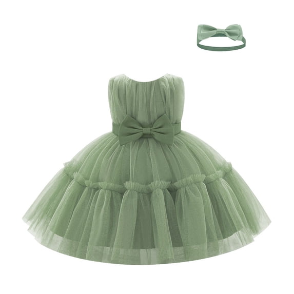 IBTOM CASTLE Baby Girls Ruffle Layered Tulle Tutu Dress, Bowknot V Back Birthday Party Pageant Formal Infant Gown with Headband Green