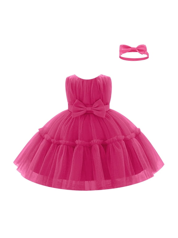 Baby Girls Ruffle Layered Tulle Tutu Dress, Bowknot V Back Birthday Party Pageant Formal Infant Gown with Headband Rose Red
