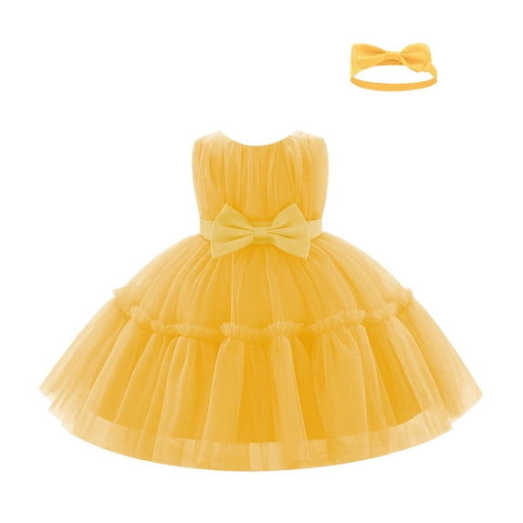 IBTOM CASTLE Baby Girls Ruffle Layered Tulle Tutu Dress, Bowknot V Back Birthday Party Pageant Formal Infant Gown with Headband Yellow