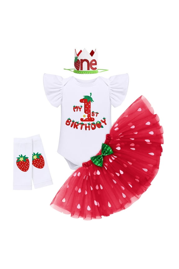Baby Girls Strawberry 1/2 1st 2nd 3rd Birthday Outfit Romper Tutu Skirt Headband Leg Warmers for Cake Smash Photo Shoot 1 Year Red Strawberry - 1st Birthday
