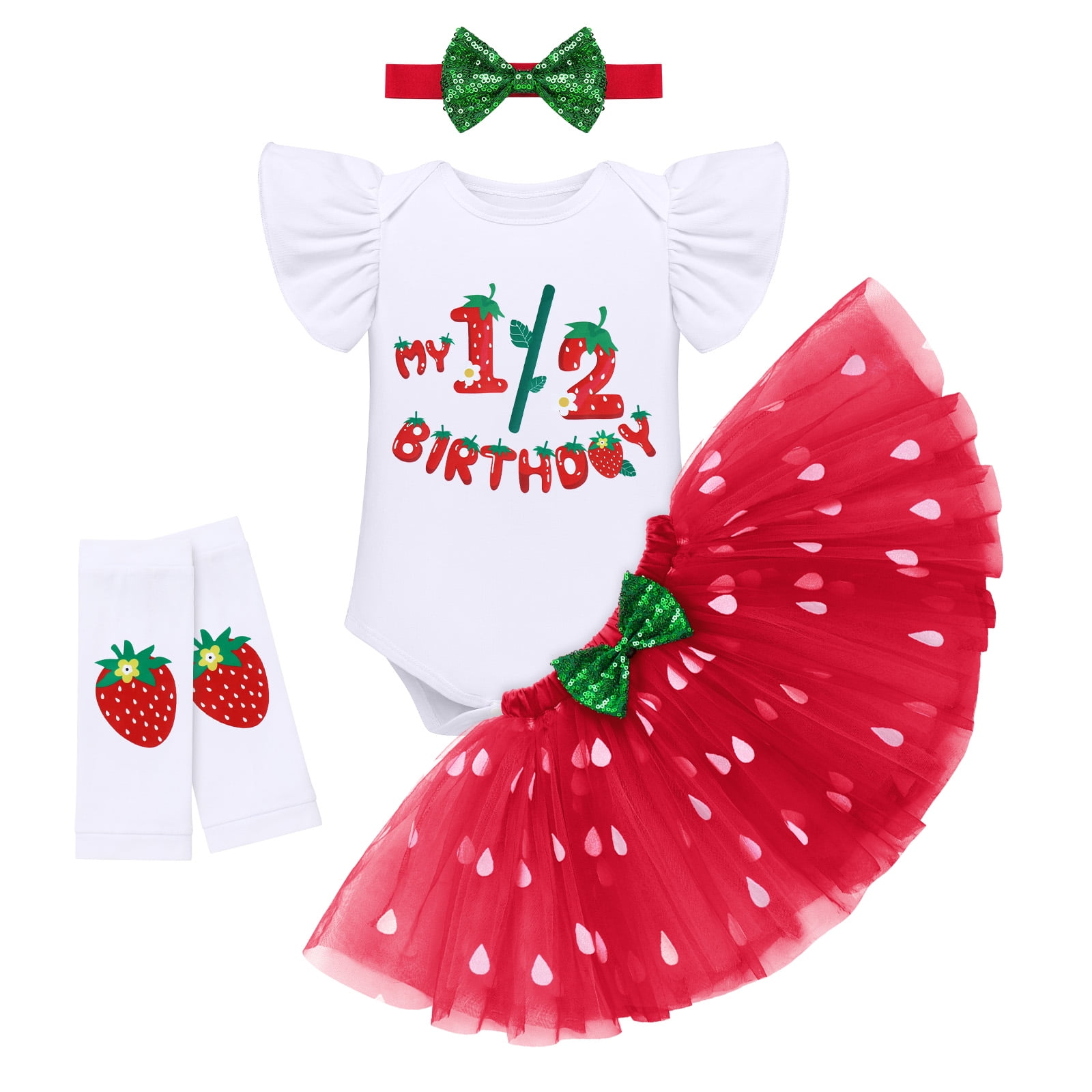 IBTOM CASTLE Baby Girls Strawberry 1/2 1st 2nd 3rd Birthday Outfit Romper Tutu Skirt Headband Leg Warmers for Cake Smash Photo Shoot 6 Months Red Strawberry - 1/2 Birthday