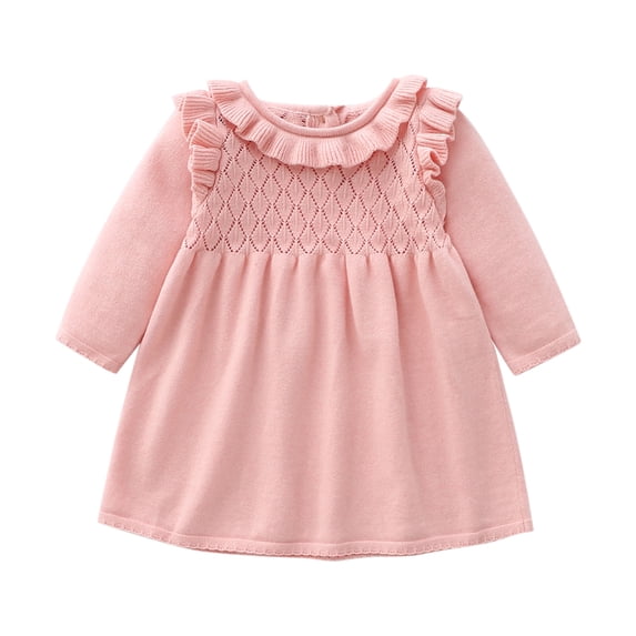 IBTOM CASTLE Baby Girls Sweater Dresses Infant Toddler Solid Long Sleeve Ribbed Pullover Fall Winter Dress Vintage Ruffle Knit Outfit 3-6 Months Pink