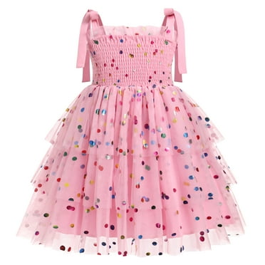 IBTOM CASTLE Baby Girls Tutu Dress Sleeveless Backless Princess Tulle Birthday Party Dresses Sequin Ruffle Summer Sundress 5-6 Years Pink Polka Dots