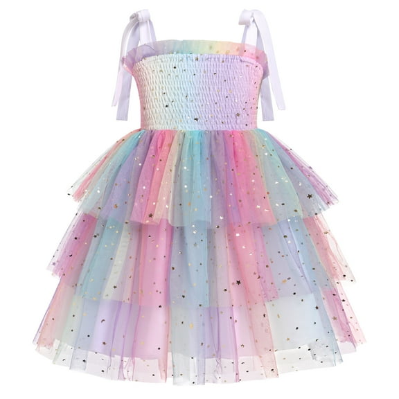 IBTOM CASTLE Baby Girls Tutu Dress Sleeveless Backless Princess Tulle Birthday Party Dresses Sequin Ruffle Summer Sundress 5-6 Years Rainbow Gradient