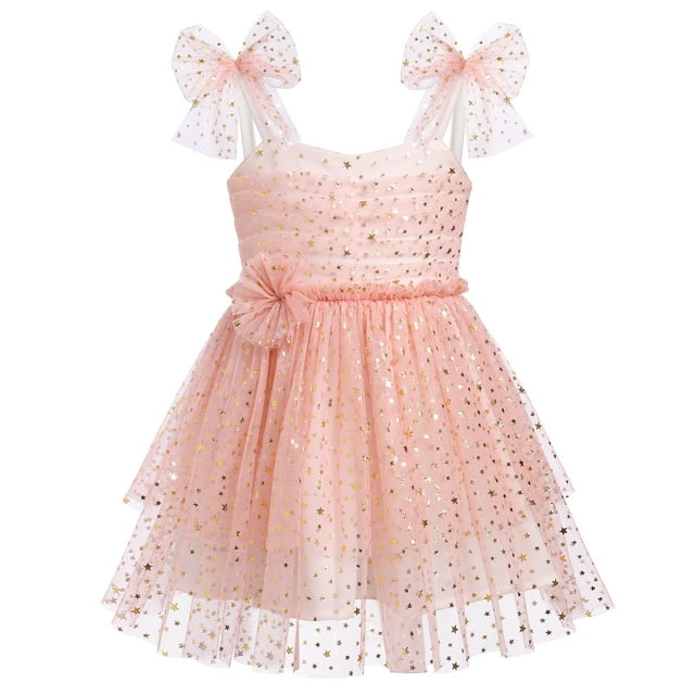 IBTOM CASTLE Baby Girls Tutu Dress Summer Sleeveless Backless Princess Birthday Party Dresses Sequin Ruffle Tulle Bowknot Sundress 5-6 Years Peach Pink Stars