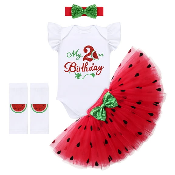IBTOM CASTLE Baby Girls Watermelon 1st/2nd Birthday Outfit Princess Ruffle Romper Tutu Skirt Leggings Headband 4pcs Clothes Set 24 Months Red-My 2nd Birthday