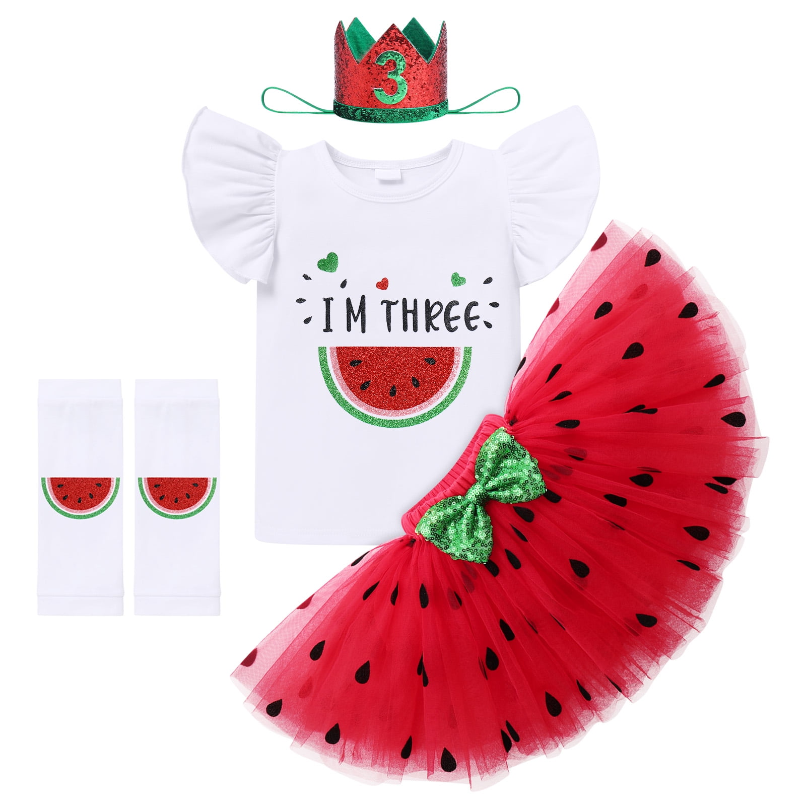 IBTOM CASTLE Baby Girls Watermelon 1st/2nd Birthday Outfit Princess Ruffle Romper Tutu Skirt Leggings Headband 4pcs Clothes Set 36 Months Red-I'm Three