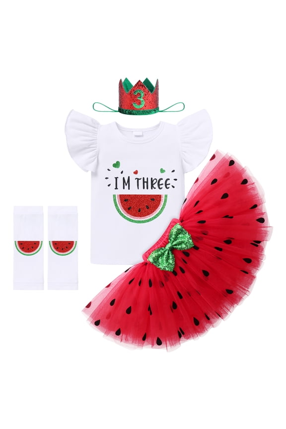 Baby Girls Watermelon 1st/2nd Birthday Outfit Princess Ruffle Romper Tutu Skirt Leggings Headband 4pcs Clothes Set 36 Months Red-I'm Three