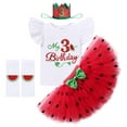 thumbnail image 1 of IBTOM CASTLE Baby Girls Watermelon 1st/2nd Birthday Outfit Princess Ruffle Romper Tutu Skirt Leggings Headband 4pcs Clothes Set 36 Months Red-My 3rd Birthday, 1 of 8