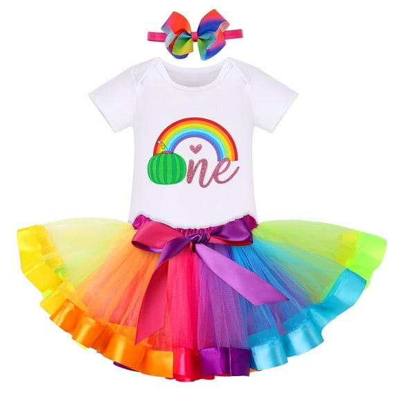 IBTOM CASTLE Baby Girls Watermelon 1st Birthday Outfit Cake Smash Romper Rainbow Tutu Skirt Headband Summer Clothes for Photo Shoot