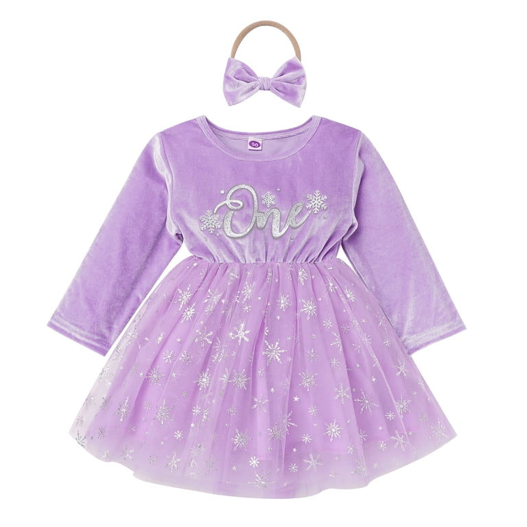 Ibtom Castle Baby Girls Winter Snowflake 1st Birthday Outfit Velvet Princess Dress + Headband Christmas Cake Smash Photo Shoot 6-12 Months Purple