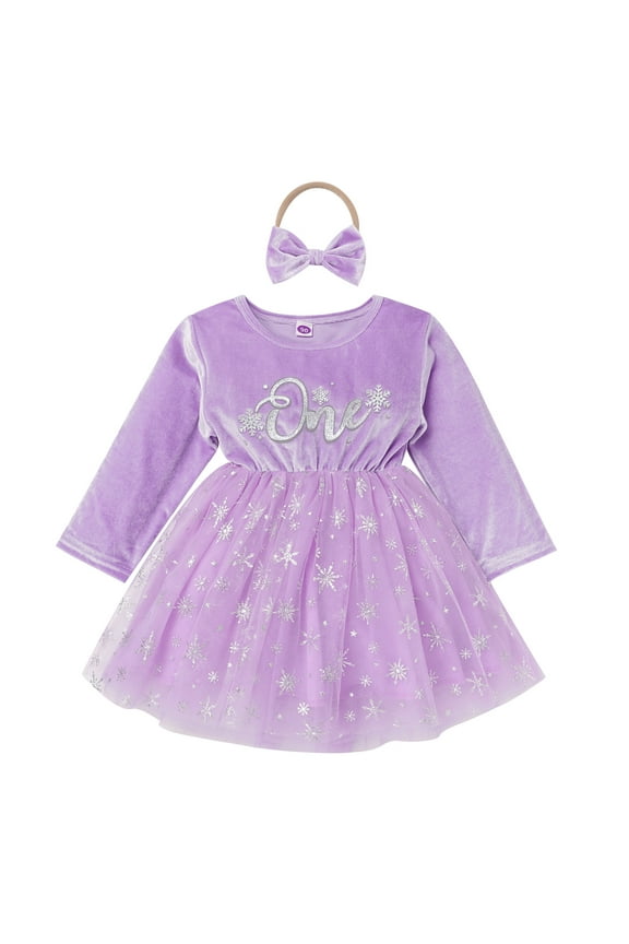 Baby Girls Winter Snowflake 1st Birthday Outfit Velvet Princess Dress + Headband Christmas Cake Smash Photo Shoot 6-12 Months Purple Snowflake One