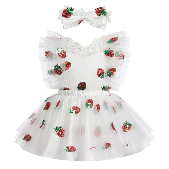 IBTOM CASTLE Baby Toddler Girl Backless Lace Butterfly Strawberry Ruffle Princess Cake Smash Birthday Party Photoshoot Dress 2-3 Years White