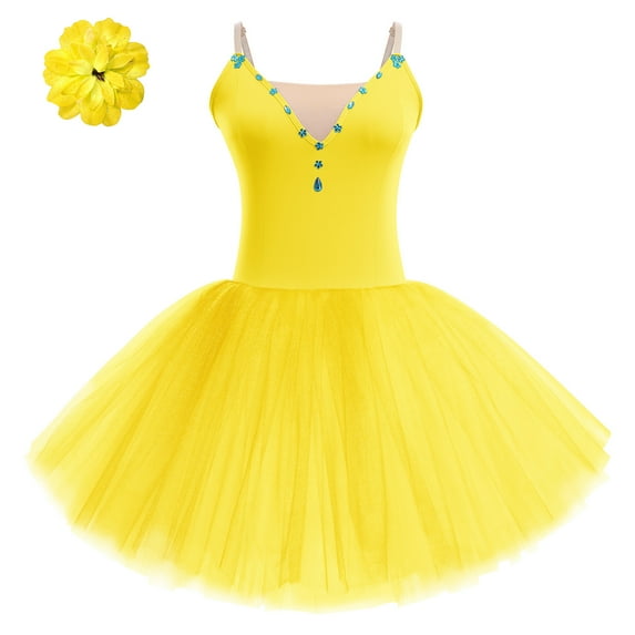 IBTOM CASTLE Ballet Dance Dress for Women Sleeveless Shiny Rhinestone Decorated Tulle Tutu Skirt Dancewear L Yellow