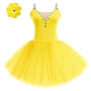 IBTOM CASTLE Ballet Dance Dress for Women Sleeveless Shiny Rhinestone Decorated Tulle Tutu Skirt Dancewear M Yellow