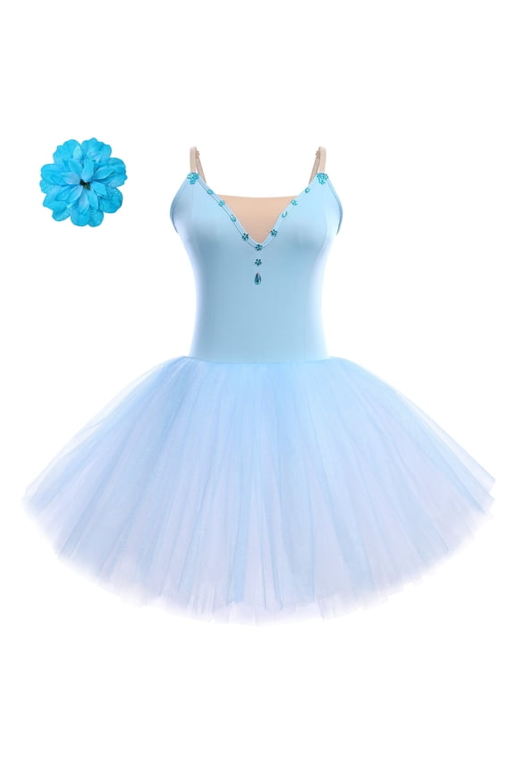 Ballet Dance Dress for Women Sleeveless Shiny Rhinestone Decorated Tulle Tutu Skirt Dancewear S Blue